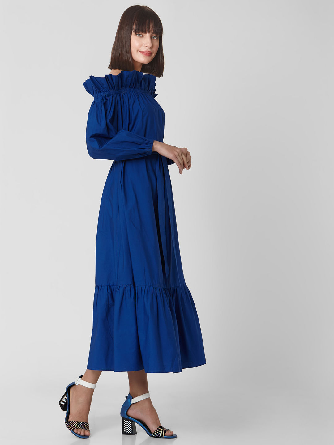 Buy Blue Off Shoulder Ruffle Maxi Dress ...